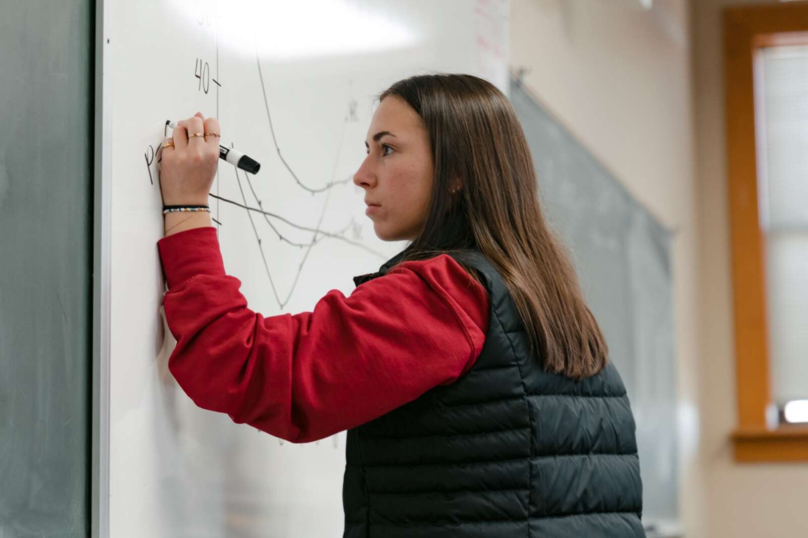 Student at whiteboard graphing demand