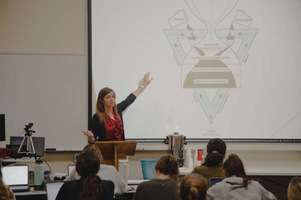 Professor teaching with a powerpoint