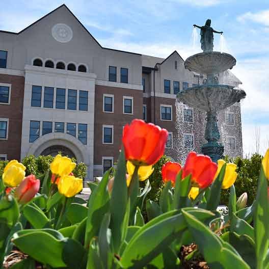 Our Lady of Grace Fountain surrounded by flowers