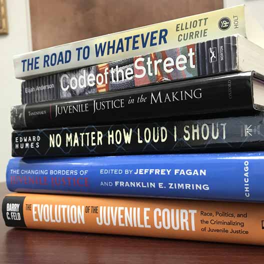 A stack of books related to juvenile delinquency