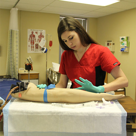 Nursing student practicing inserting an IV